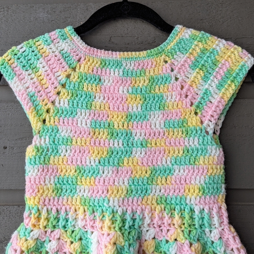 Handmade Colorful Crochet Kids Dress Pink Yellow Green White - Picture 5 of 6